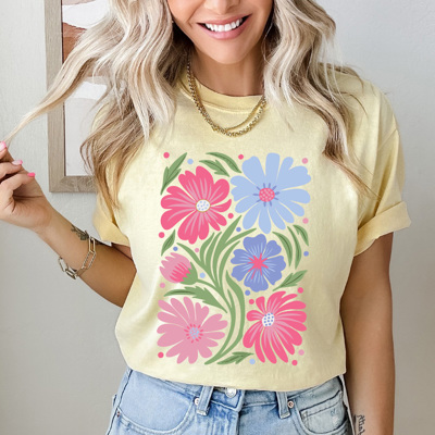 Whimsical Pink Floral Comfort Colors Tee, Warped Flower Graphic Tee, Wild Flower Tee