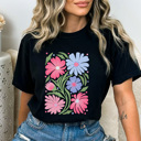 XXL Black Whimsical Pink Floral Comfort Colors Tee, Warped Flower Graphic Tee, Wild Flower Tee