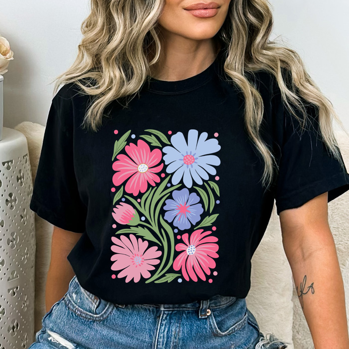 Whimsical Pink Floral Comfort Colors Tee, Warped Flower Graphic Tee, Wild Flower Tee