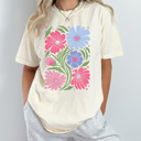 Large Ivory Whimsical Pink Floral Comfort Colors Tee, Warped Flower Graphic Tee, Wild Flower Tee