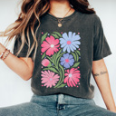 Large Pepper Whimsical Pink Floral Comfort Colors Tee, Warped Flower Graphic Tee, Wild Flower Tee