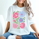 Large White Whimsical Pink Floral Comfort Colors Tee, Warped Flower Graphic Tee, Wild Flower Tee