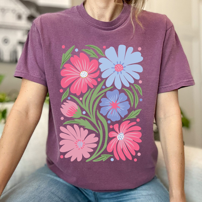 Whimsical Pink Floral Comfort Colors Tee, Warped Flower Graphic Tee, Wild Flower Tee