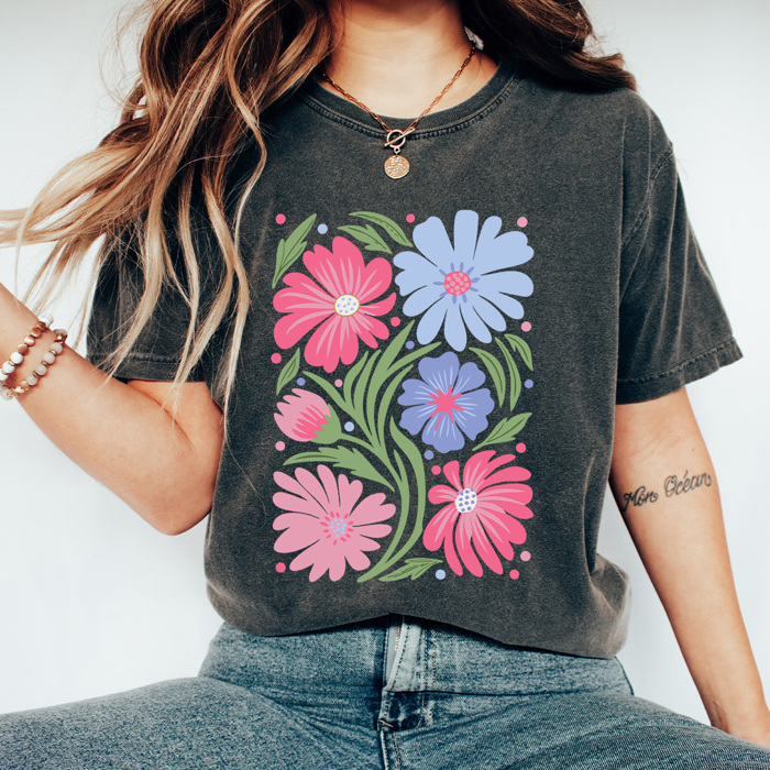 Whimsical Pink Floral Comfort Colors Tee, Warped Flower Graphic Tee, Wild Flower Tee