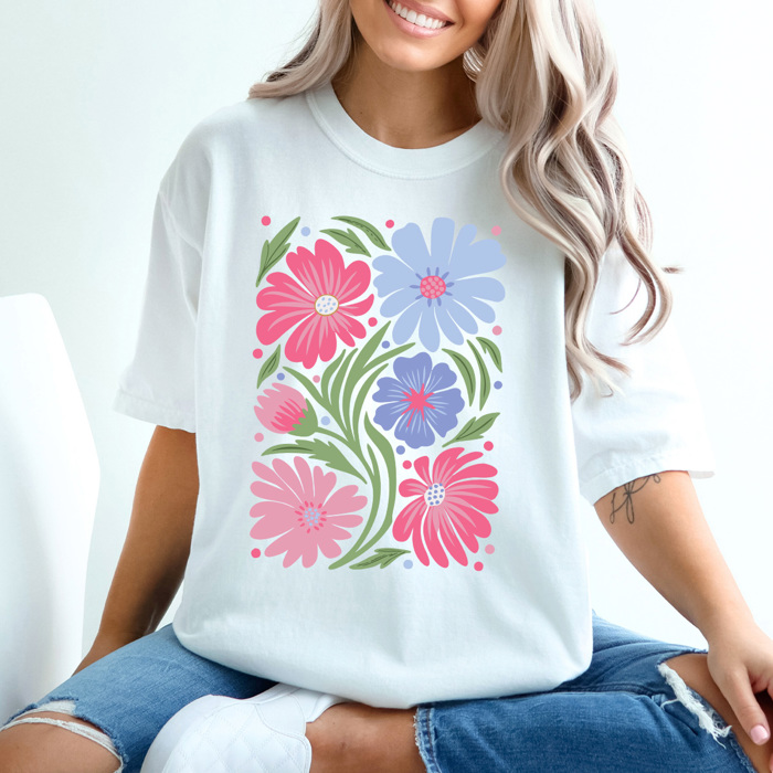 Whimsical Pink Floral Comfort Colors Tee, Warped Flower Graphic Tee, Wild Flower Tee