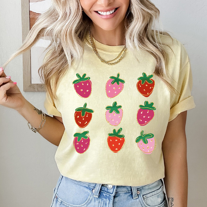 Strawberry Grid Cold Edge Comfort Colors Tee, Artistic Strawberries Graphic Tee, Pretty Fruit Tee