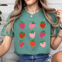 Medium Light Green Strawberry Grid Cold Edge Comfort Colors Tee, Artistic Strawberries Graphic Tee, Pretty Fruit Tee