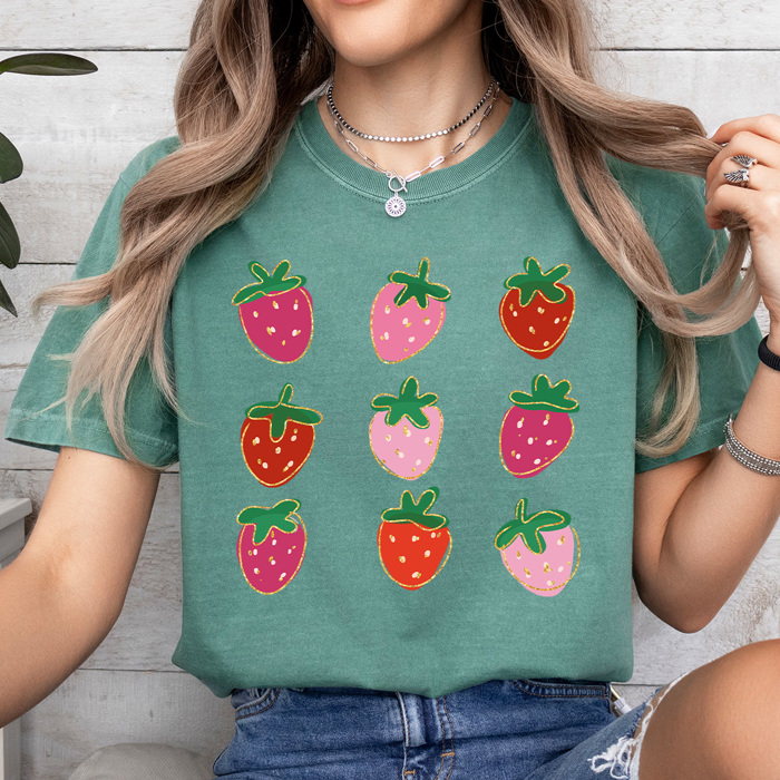 Strawberry Grid Cold Edge Comfort Colors Tee, Artistic Strawberries Graphic Tee, Pretty Fruit Tee