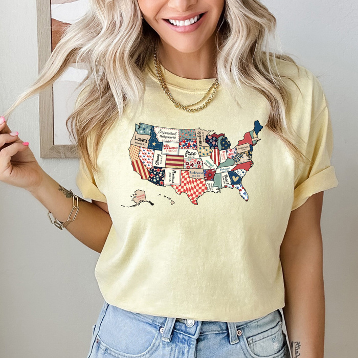 FAUX Quilted United States Comfort Colors Tee, Patriotic Pattern USA Graphic Tee, America Land Of The Free Tee