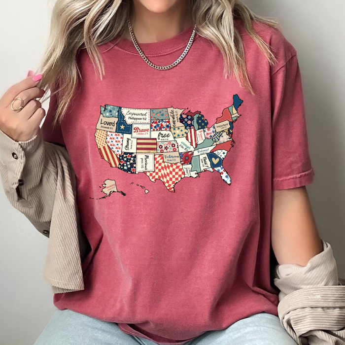 FAUX Quilted United States Comfort Colors Tee, Patriotic Pattern USA Graphic Tee, America Land Of The Free Tee