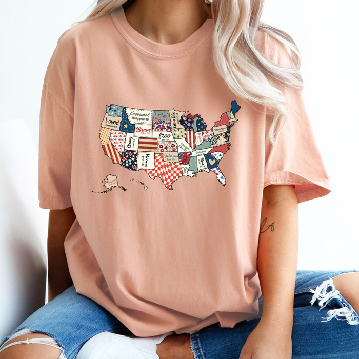 FAUX Quilted United States Comfort Colors Tee, Patriotic Pattern USA Graphic Tee, America Land Of The Free Tee