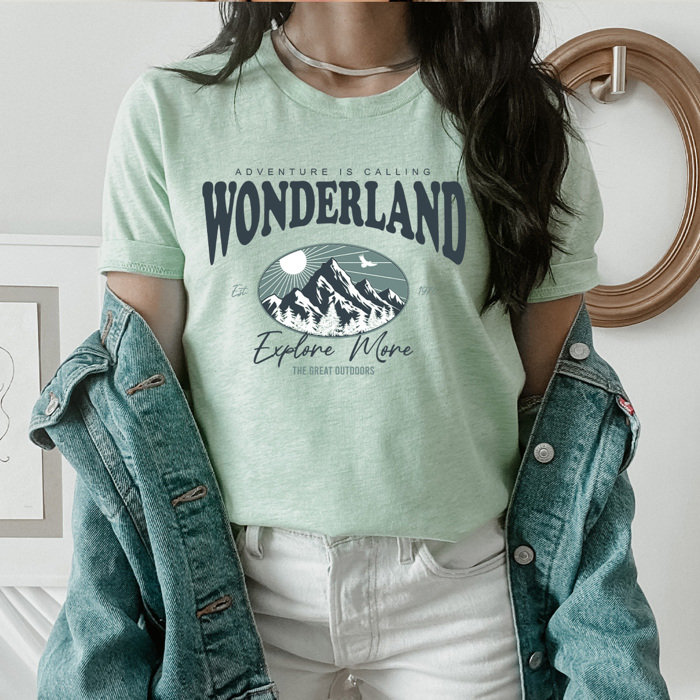 Wonderland Explore More Mountain Graphic Tee, Adventure Is Calling Shirt, The Great Outdoors Tee