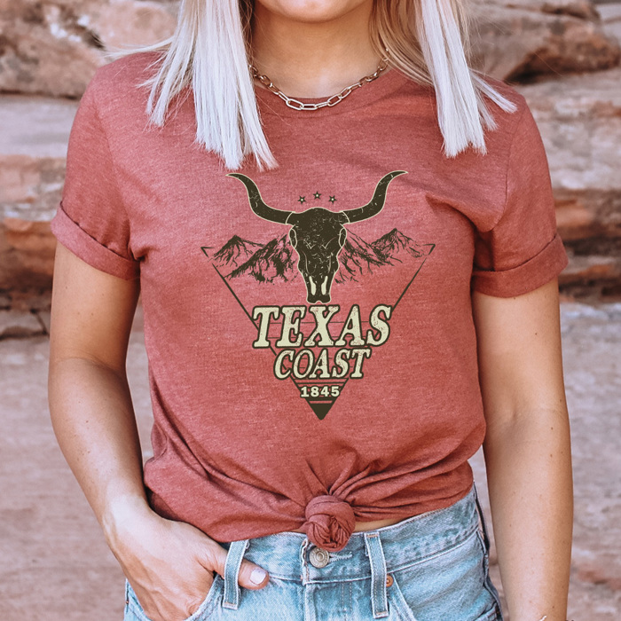Texas Cost Graphic Tee, Western Bull Shirt, Mountain Skull Tee
