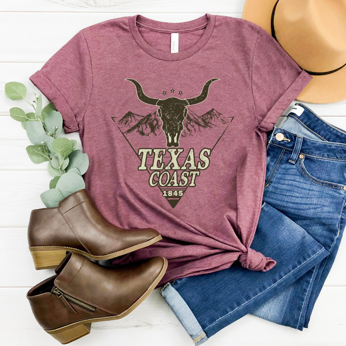 Texas Cost Graphic Tee, Western Bull Shirt, Mountain Skull Tee