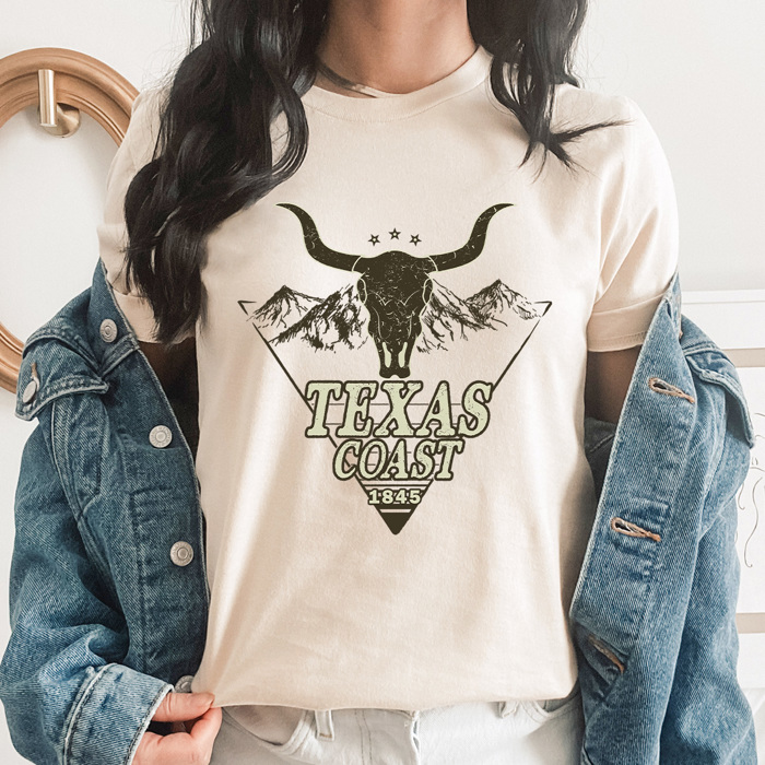 Texas Cost Graphic Tee, Western Bull Shirt, Mountain Skull Tee