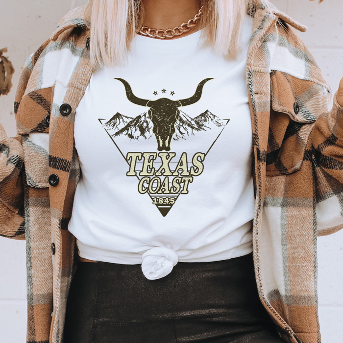 Texas Cost Graphic Tee, Western Bull Shirt, Mountain Skull Tee