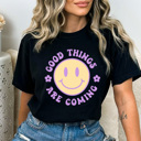 Large Black Good Tings Are Coming Comfort Colors Tee, Happy Face Shirt, Positive Vibes Tee