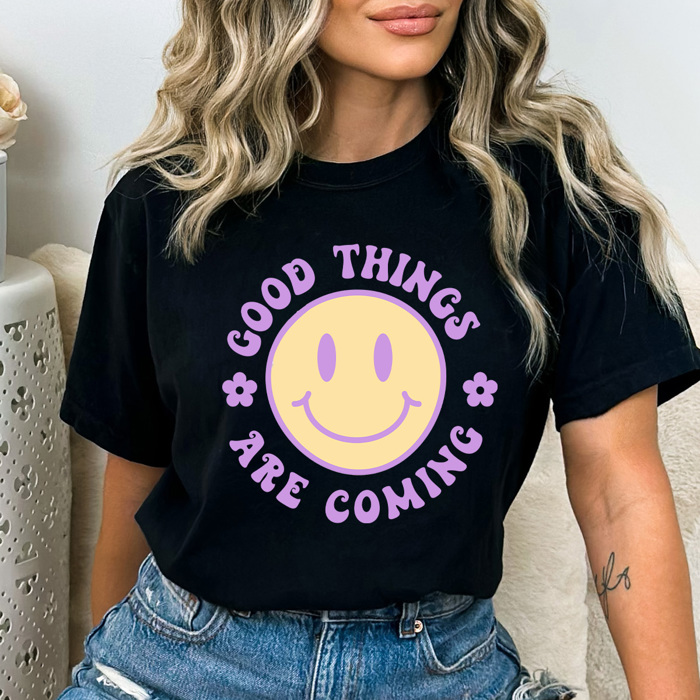 Good Tings Are Coming Comfort Colors Tee, Happy Face Shirt, Positive Vibes Tee