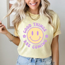 Large Butter Good Tings Are Coming Comfort Colors Tee, Happy Face Shirt, Positive Vibes Tee