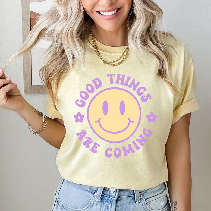 Good Tings Are Coming Comfort Colors Tee, Happy Face Shirt, Positive Vibes Tee