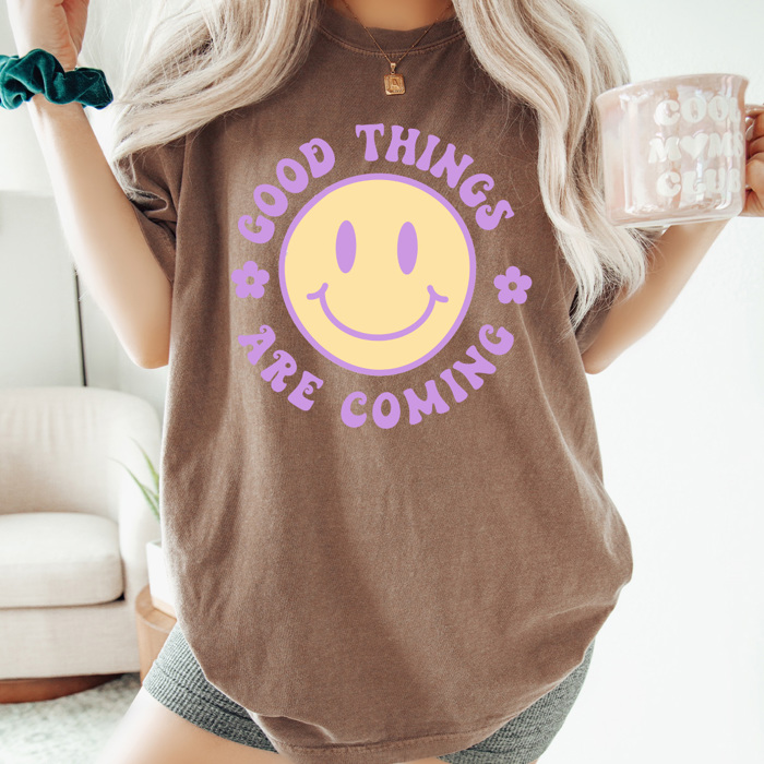 Good Tings Are Coming Comfort Colors Tee, Happy Face Shirt, Positive Vibes Tee