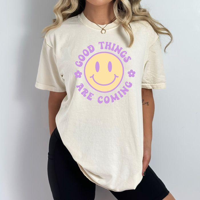 Good Tings Are Coming Comfort Colors Tee, Happy Face Shirt, Positive Vibes Tee