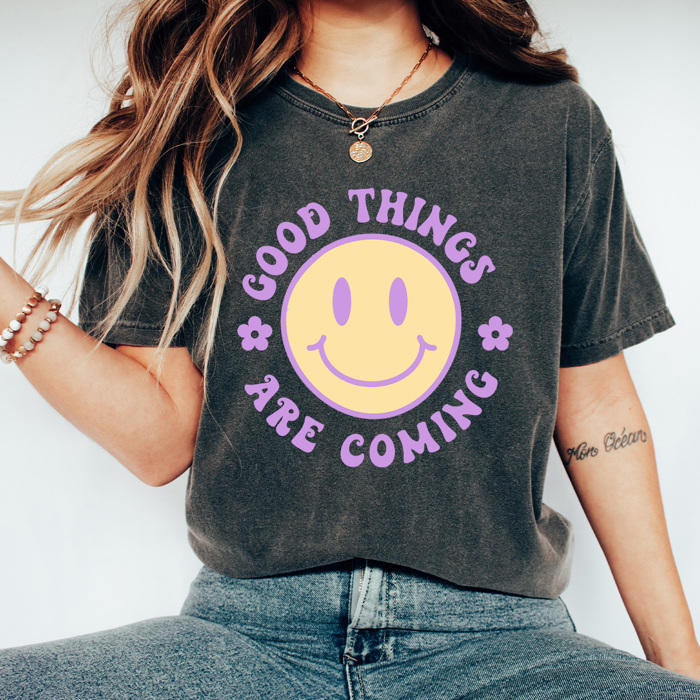 Good Tings Are Coming Comfort Colors Tee, Happy Face Shirt, Positive Vibes Tee