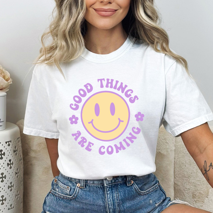 Good Tings Are Coming Comfort Colors Tee, Happy Face Shirt, Positive Vibes Tee
