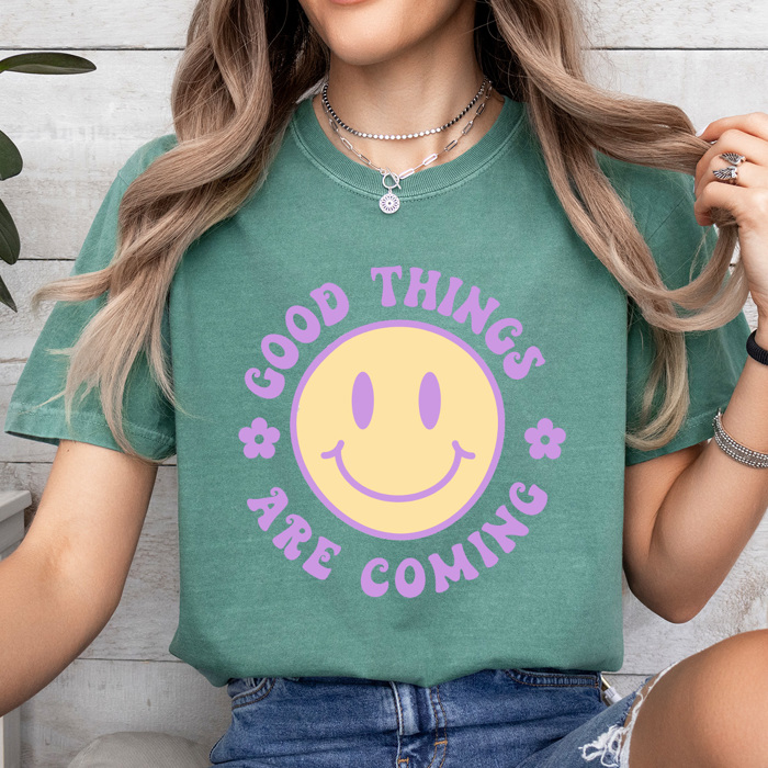 Good Tings Are Coming Comfort Colors Tee, Happy Face Shirt, Positive Vibes Tee