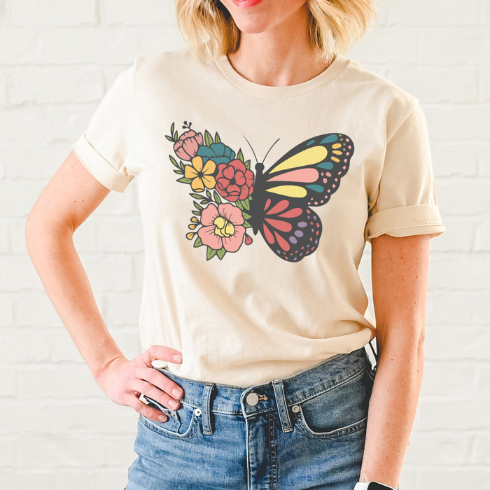 Floral Butterfly Basic Graphic Tee, Spring Butterfly Shirt, Flower Tee