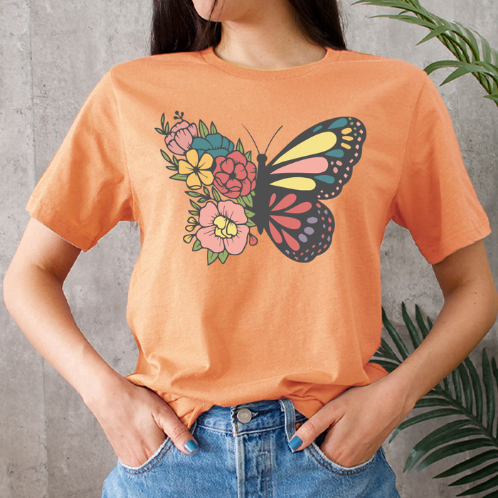 Floral Butterfly Basic Graphic Tee, Spring Butterfly Shirt, Flower Tee