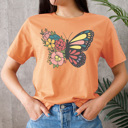 XL Cantaloupe Floral Butterfly Basic Graphic Tee, Spring Butterfly Shirt, Flower Tee