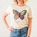 Medium Cream Floral Butterfly Basic Graphic Tee, Spring Butterfly Shirt, Flower Tee