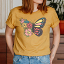 Medium Ginger Floral Butterfly Basic Graphic Tee, Spring Butterfly Shirt, Flower Tee