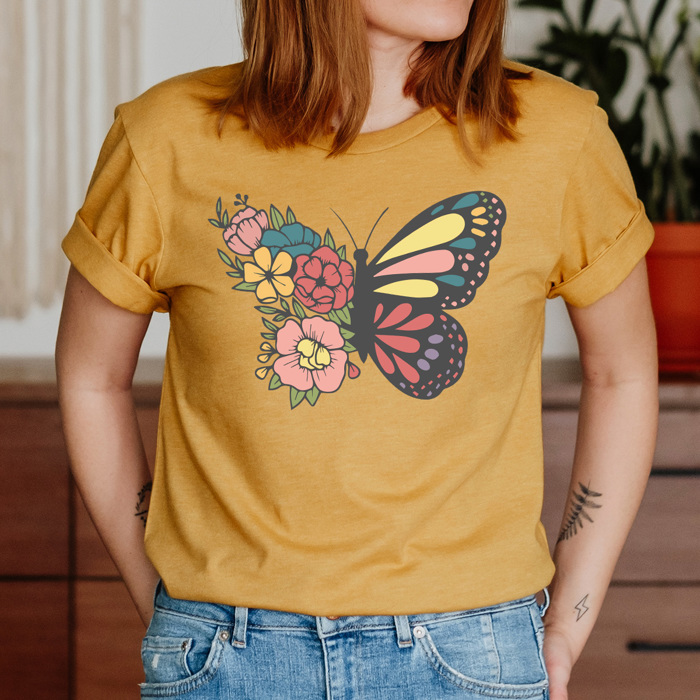 Floral Butterfly Basic Graphic Tee, Spring Butterfly Shirt, Flower Tee