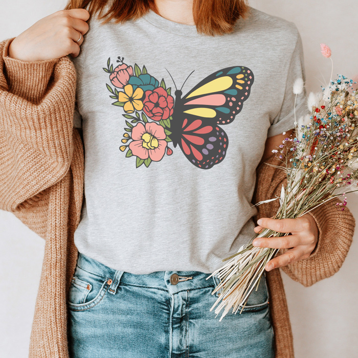 Floral Butterfly Basic Graphic Tee, Spring Butterfly Shirt, Flower Tee