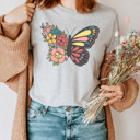 Small Heather Gray Floral Butterfly Basic Graphic Tee, Spring Butterfly Shirt, Flower Tee