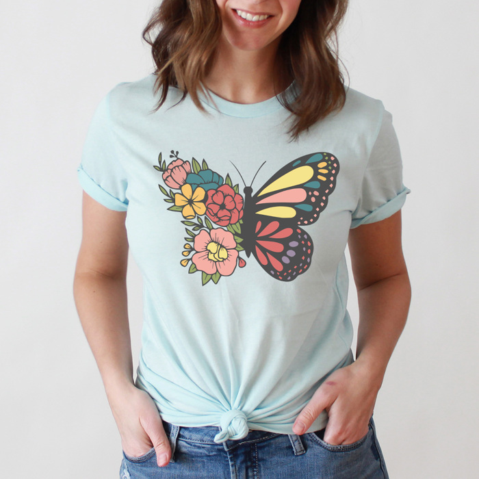 Floral Butterfly Basic Graphic Tee, Spring Butterfly Shirt, Flower Tee