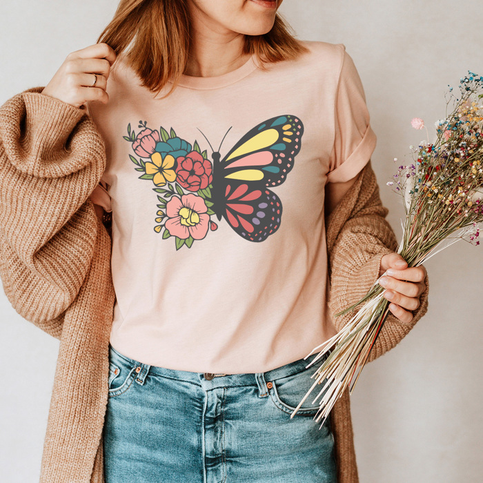 Floral Butterfly Basic Graphic Tee, Spring Butterfly Shirt, Flower Tee