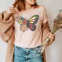 Large Peach Floral Butterfly Basic Graphic Tee, Spring Butterfly Shirt, Flower Tee