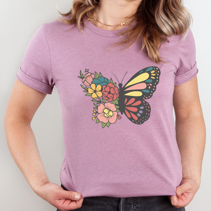 Floral Butterfly Basic Graphic Tee, Spring Butterfly Shirt, Flower Tee