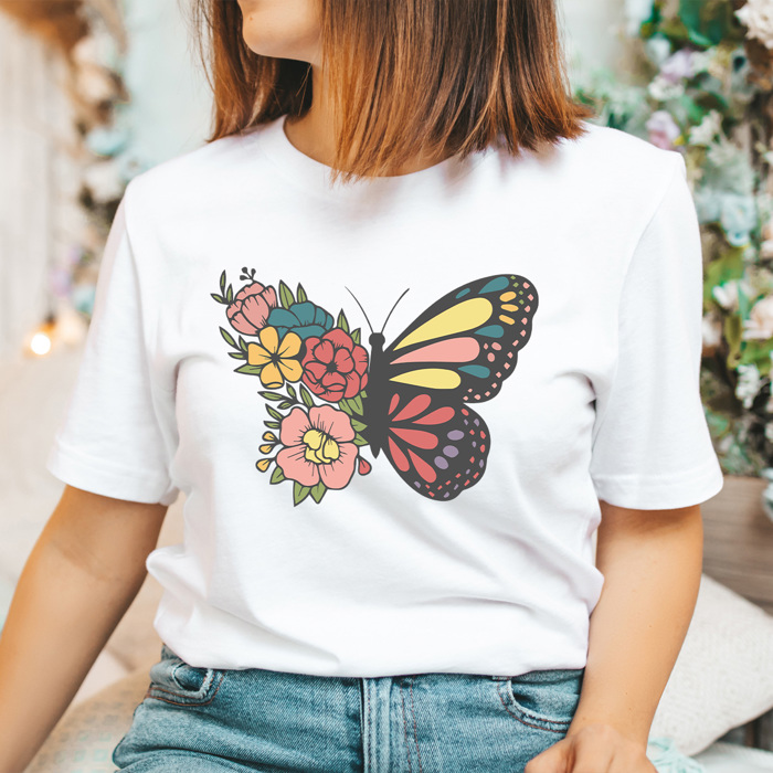 Floral Butterfly Basic Graphic Tee, Spring Butterfly Shirt, Flower Tee