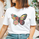 Medium White Floral Butterfly Basic Graphic Tee, Spring Butterfly Shirt, Flower Tee