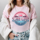Small Pink Lake Life Sunset Graphic Tee, Summer Beach Shirt, Lake Trip Tee