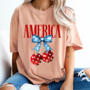 Large Peachy America Patriotic Cherries Comfort Colors Tee, 4th Of July Shirt, Stars And Stripes Graphic Tee