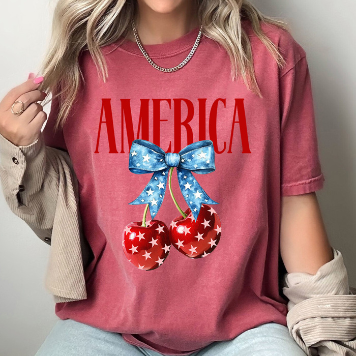America Patriotic Cherries Comfort Colors Tee, 4th Of July Shirt, Stars And Stripes Graphic Tee
