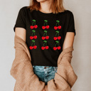 Large Black Sweet Cherries Grid Basic Graphic Tee, Fun Fruit Shirt, Cherry Printed Tee