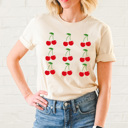 Small Cream Sweet Cherries Grid Basic Graphic Tee, Fun Fruit Shirt, Cherry Printed Tee