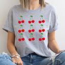 Large Heather Gray Sweet Cherries Grid Basic Graphic Tee, Fun Fruit Shirt, Cherry Printed Tee