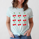 Medium Purist Blue Sweet Cherries Grid Basic Graphic Tee, Fun Fruit Shirt, Cherry Printed Tee